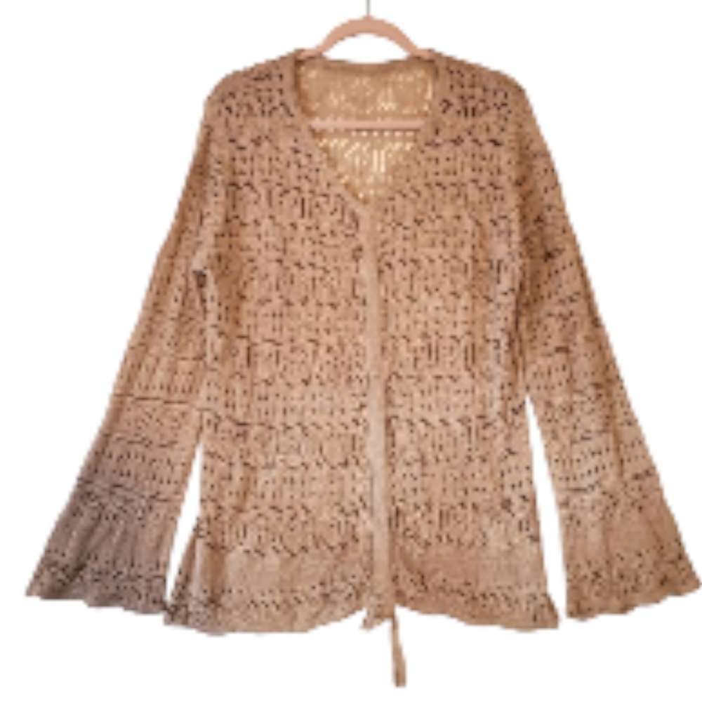 Tan Sheer Details Viscose‎ Blouse Top Bell Sleeves Size Large NWOT
